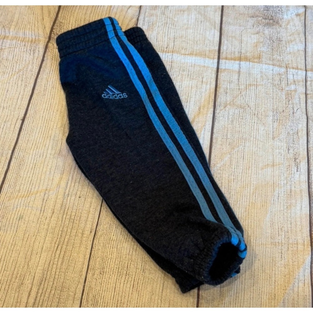 Adidas Boys Joggers Charcoal Gray Blue 3 Stripe Fleece Sweatpants Kids Size 6-9M
